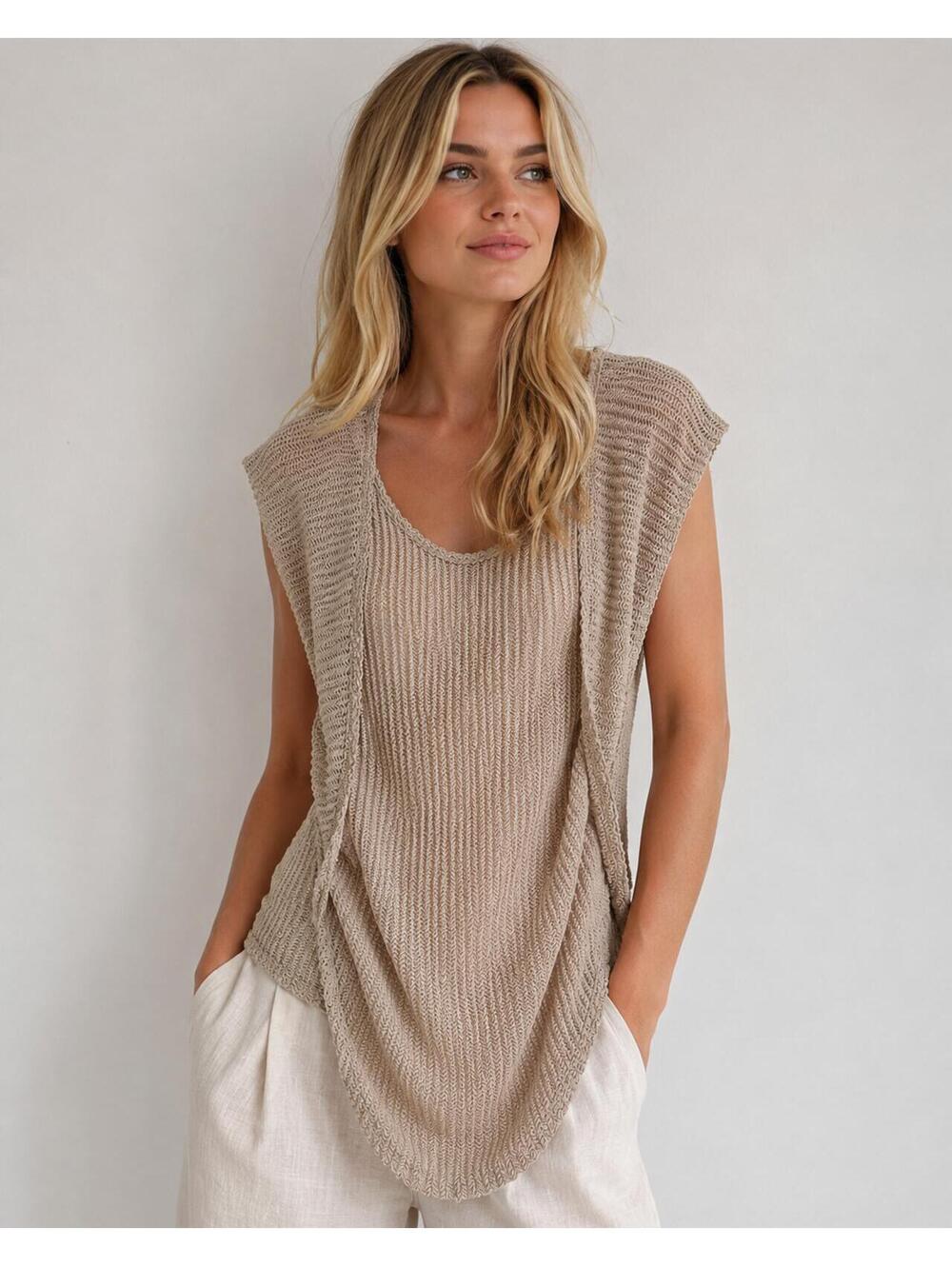 Discreet Beige Open-Knit Draped Tunic Top Small • Versatile